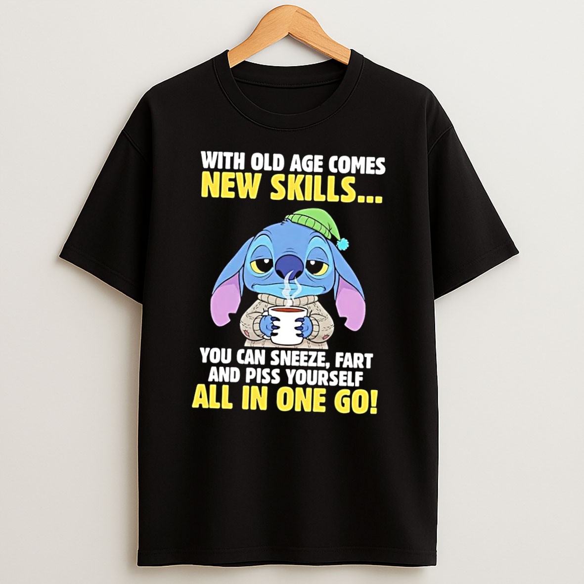 Official Stitch Old Age New Skills Sneeze Fart Piss Yourself Funny 2026 Black Shirts