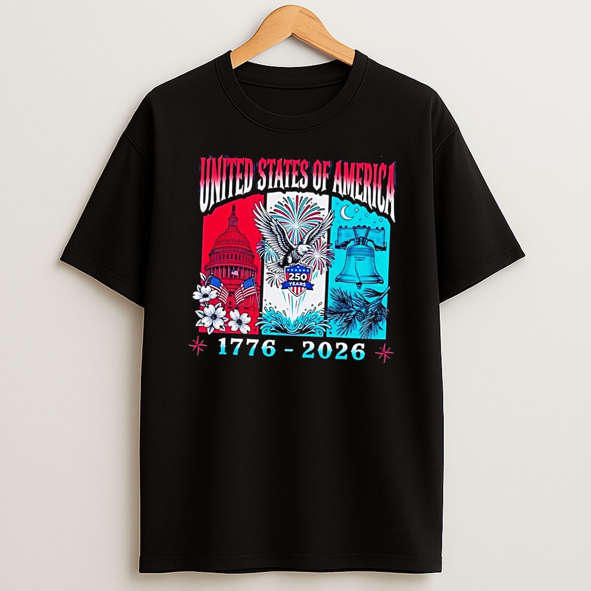 Official United States Of America 250 Years 1776 2026 Patriotic Bald Eagle Liberty Bell Capitol Black Shirts
