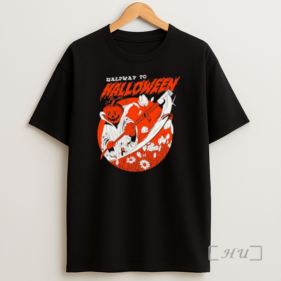 Officials Halfway To Halloween Pumpkin Head Reaper Scythe Flowers Shirt Sweatshirt Tee