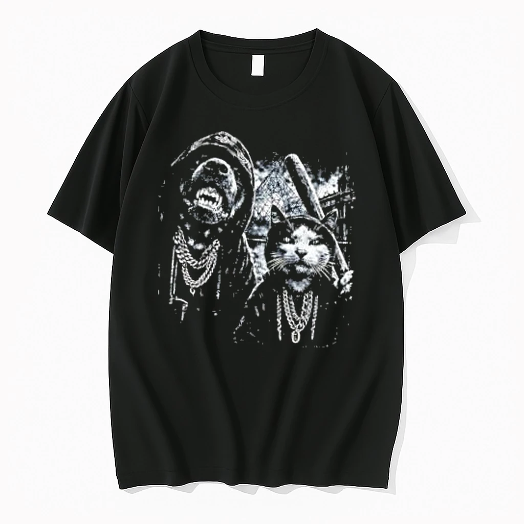U1gumx1t Aggressive Dog Baring Teeth And Serious Cat In Hoodies Chains Louvre Pyramid Paris Shirts