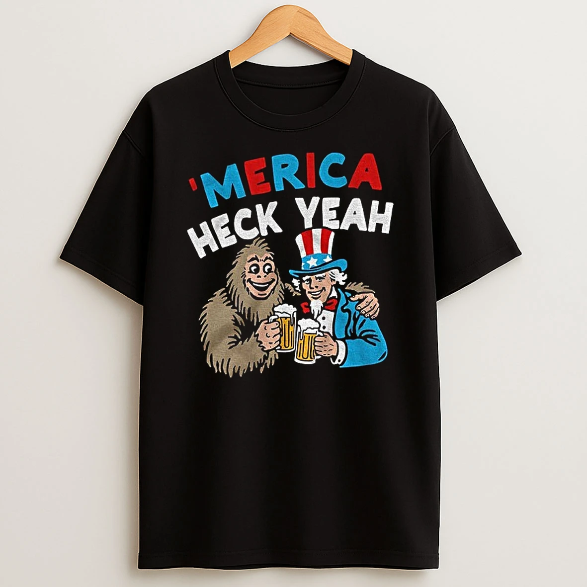Uncle Sam And Bigfoot Drink Beer Merica Heck Yeah Shirts