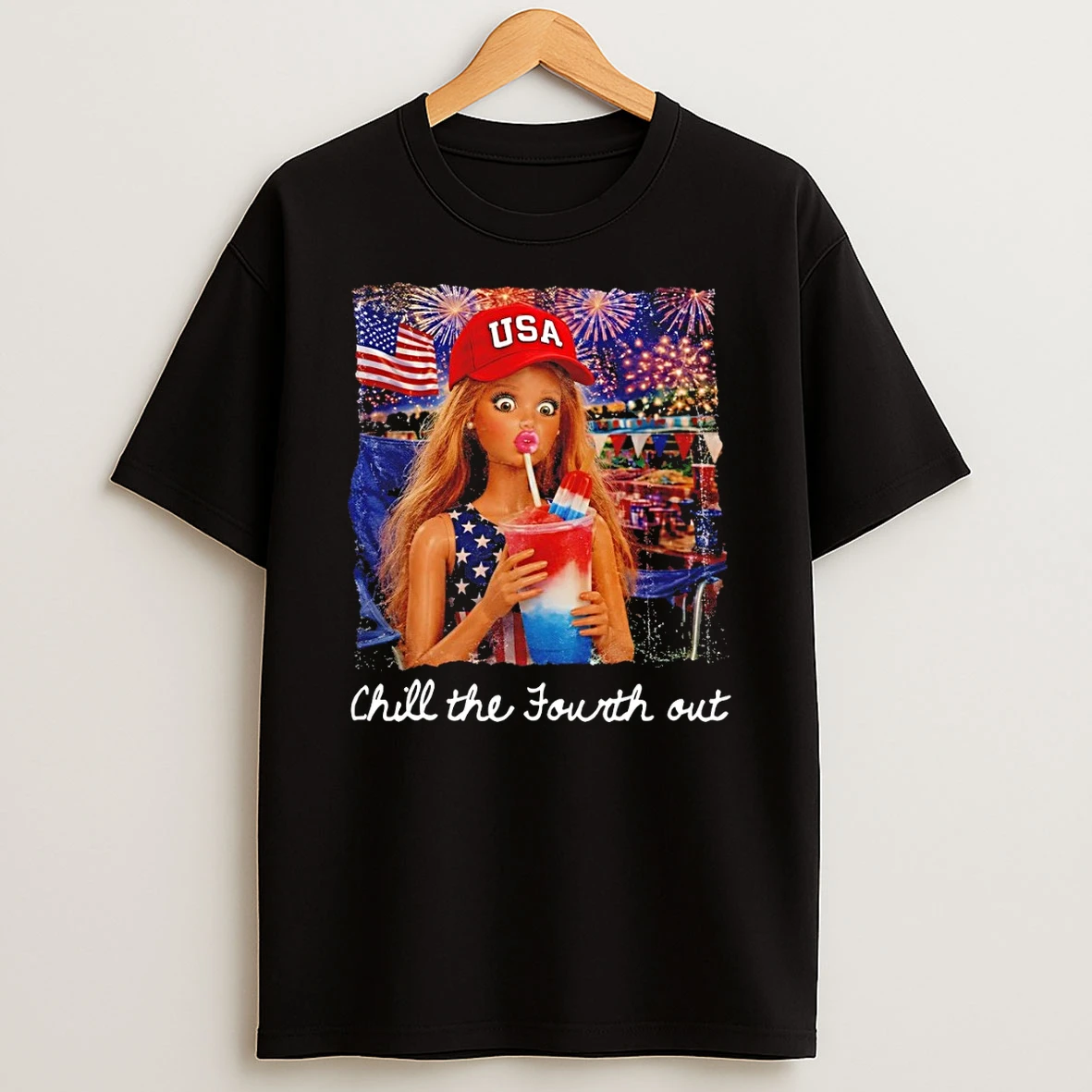 Barbie Drinking Slushie Chill The Fourth Out Patriotic Girl Usa Independence Day 2026 Shirts