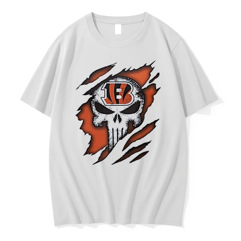 Bengals Fan Gear Cincinnati Bengals Logo Punisher Skull Ripped White Shirts