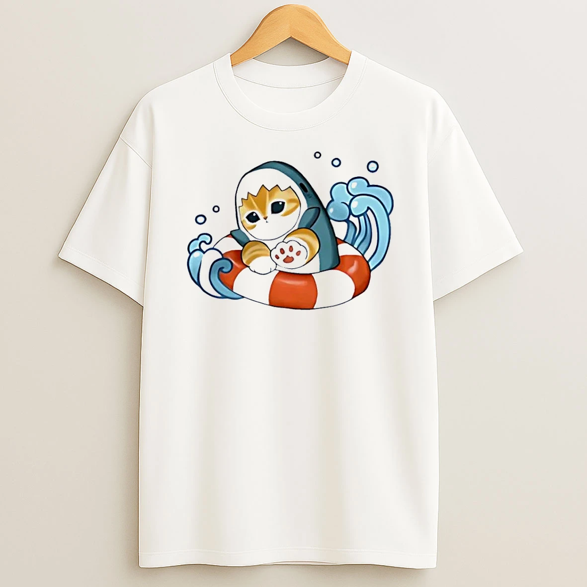 Cat In Shark Suit Swimming In Life Preserver White Shirts