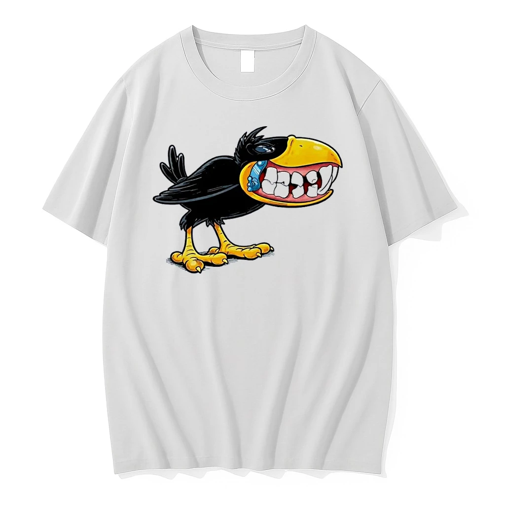 Crow With Teeth And Blue Phone Cartoon Graphic Green Background White Shirts