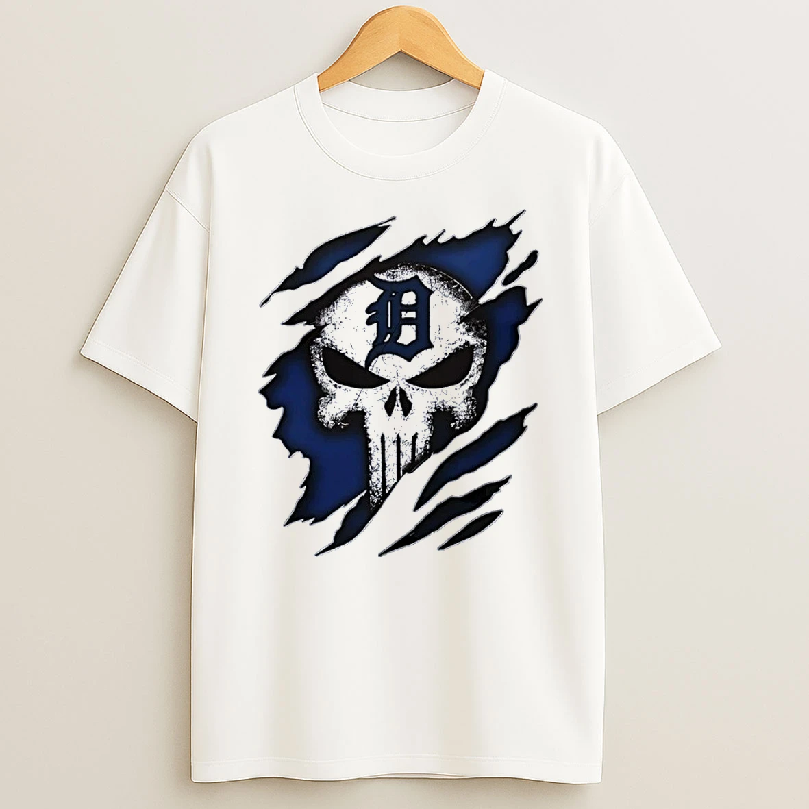 Detroit Tigers Punisher Logo Ripped Blue Effect Detroit Tigers White Shirts