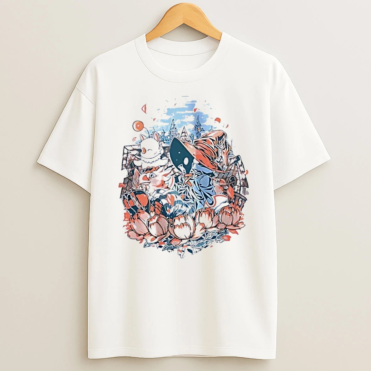 Final Fantasy Vivi Moogle Chocobo Flower Illustration White Shirts