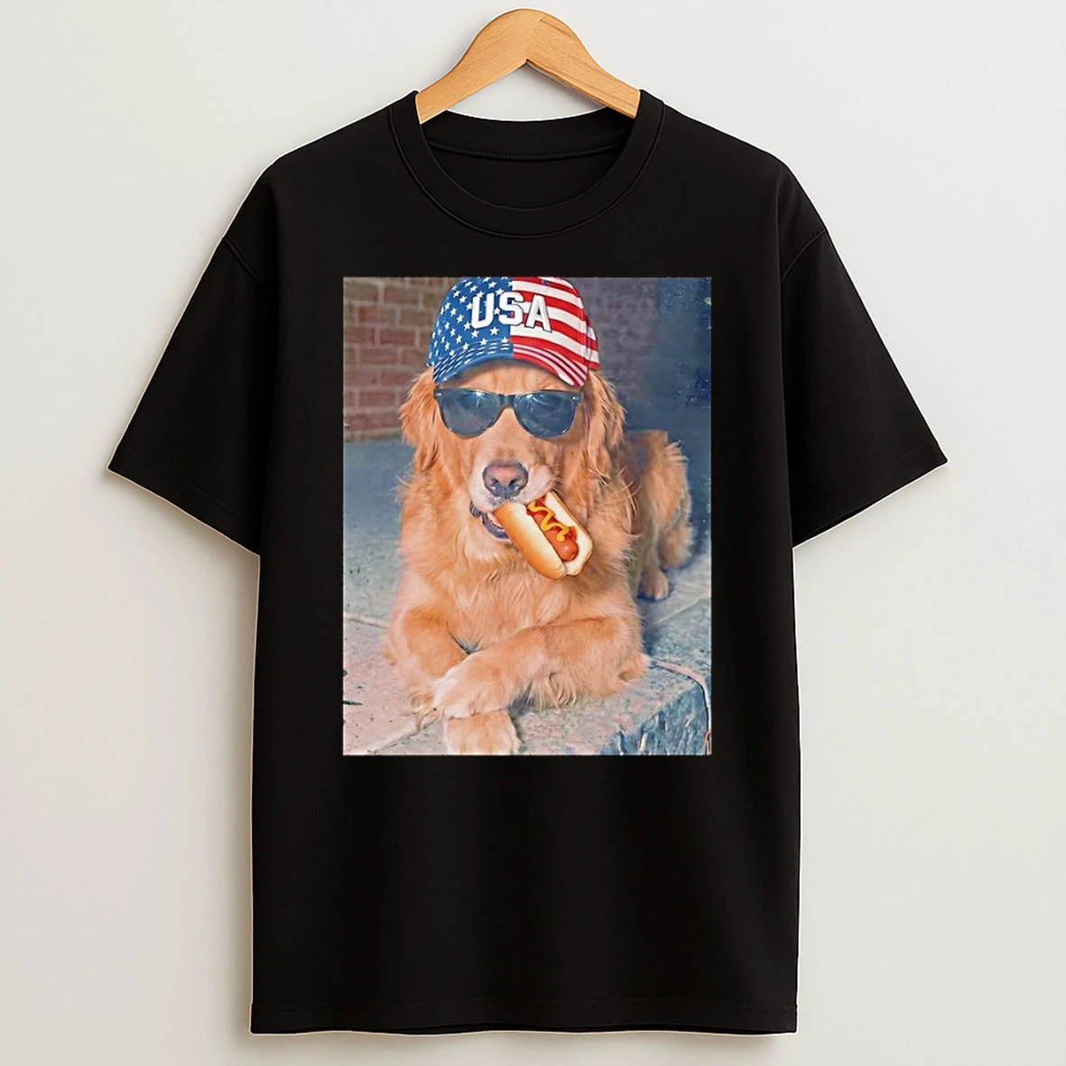 Golden Retriever Eating Hot Dog 4th Of July American Flag Shirts