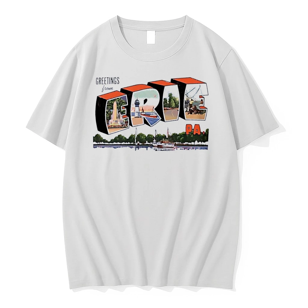 Greetings From Erie Pa Historic Landmark Lakefront Vessel Print White Shirts