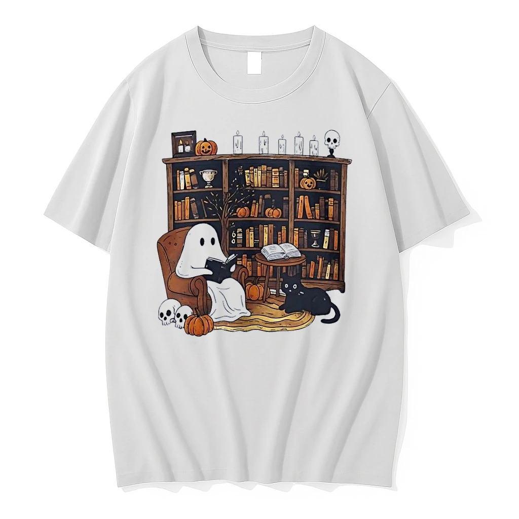 Halloween Ghost Reading Books With Black Cat And Pumpkins White Shirts