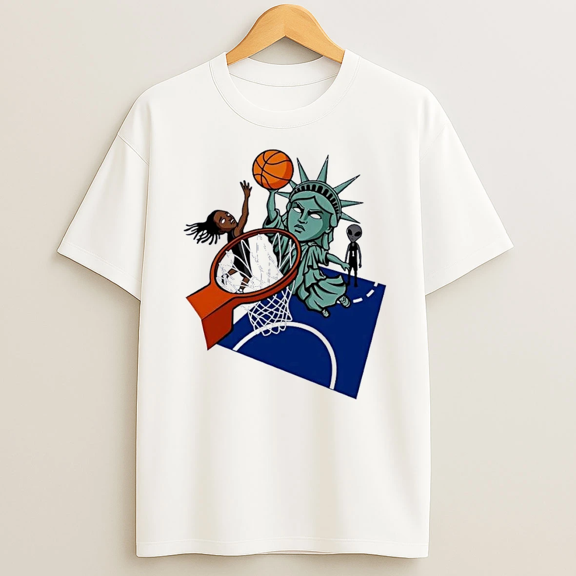 Joe Maracic Statue Of Liberty Playing Basketball With Alien And Athlete White Shirts