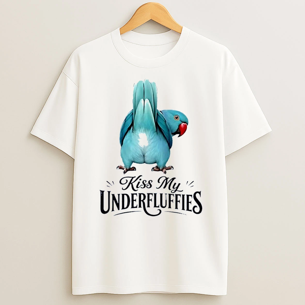 Kiss My Underfluffies Blue Parrot White Shirts