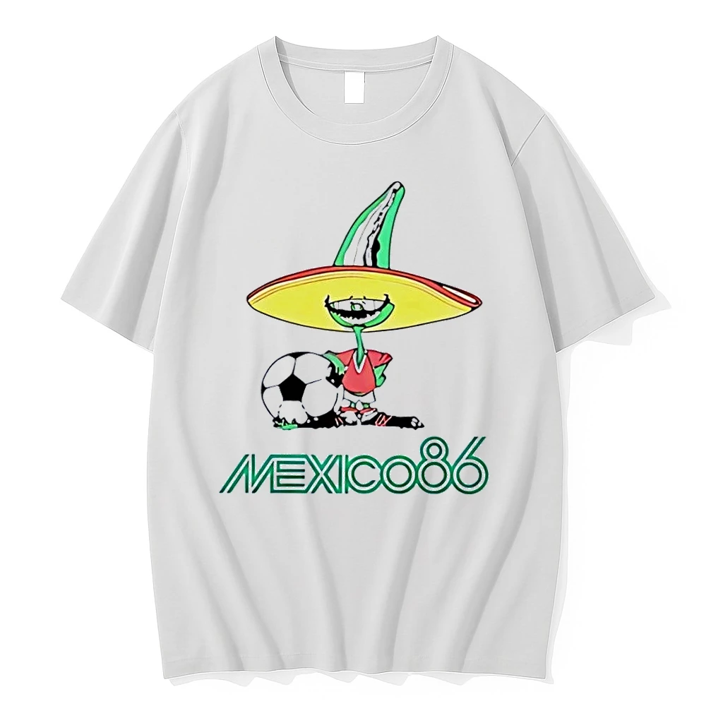 Mexico 86 Pique Mascot Soccer Ball Character Graphic Mens White Shirts