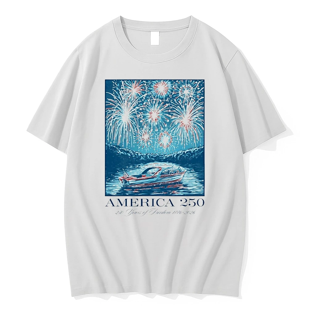 Motorboat On Lake With Firework America 250 250 Years Of Freedom 1776 2026 Shirts