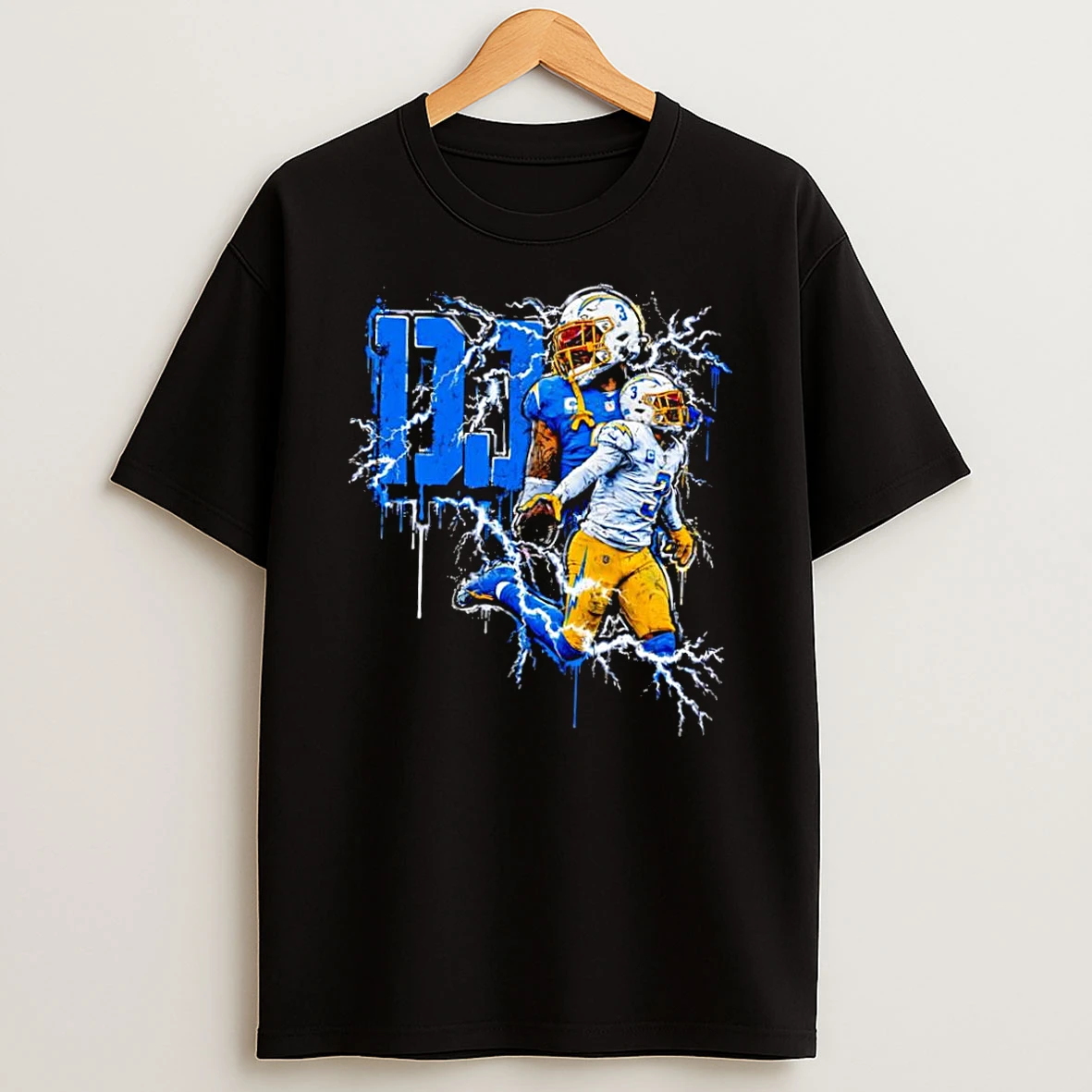 Officials Chargers Fan Gear Derwin James Football Lightning Strike Chargers Black Premium T Shirt Sweatshirt Hoodie