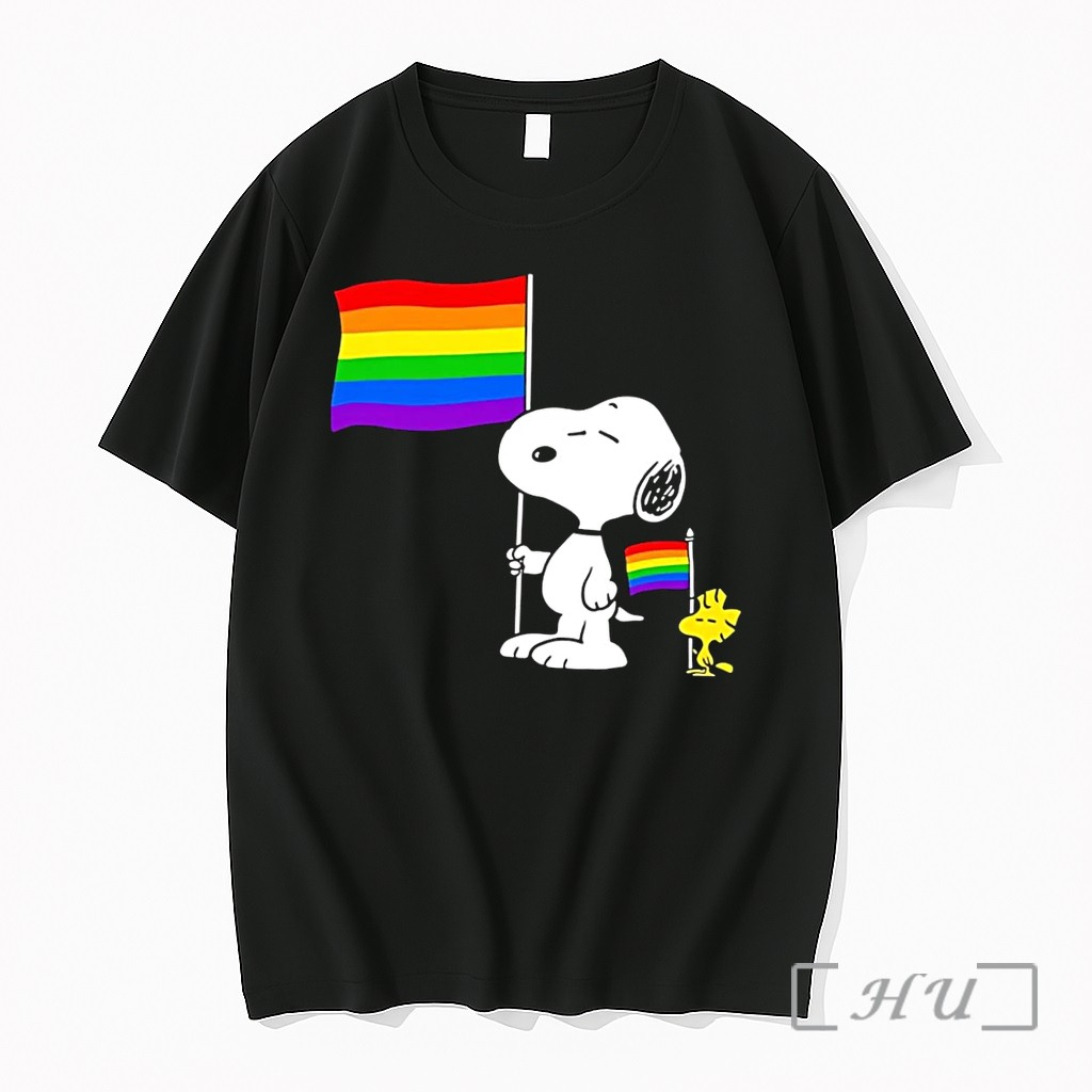 Officials Snoopy And Woodstock Holding Pride Flags Rainbow Black Premium Shirt Sweatshirt Tee