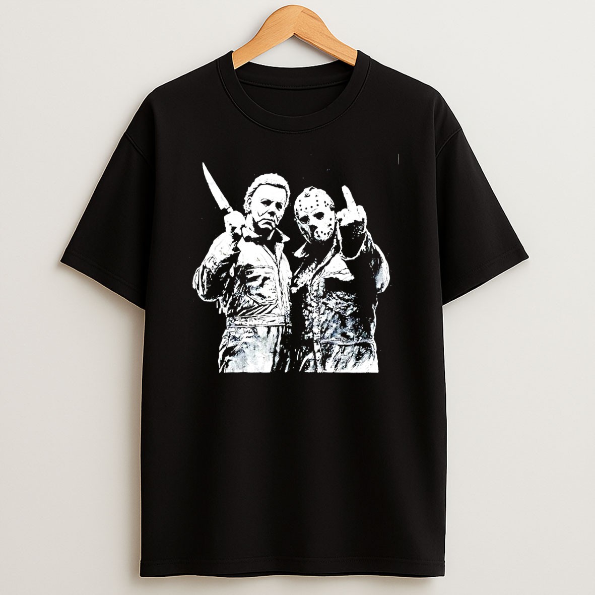 Original Michael Myers And Jason Voorhees Middle Finger Halloween Horror Movie Fan Art Shirts