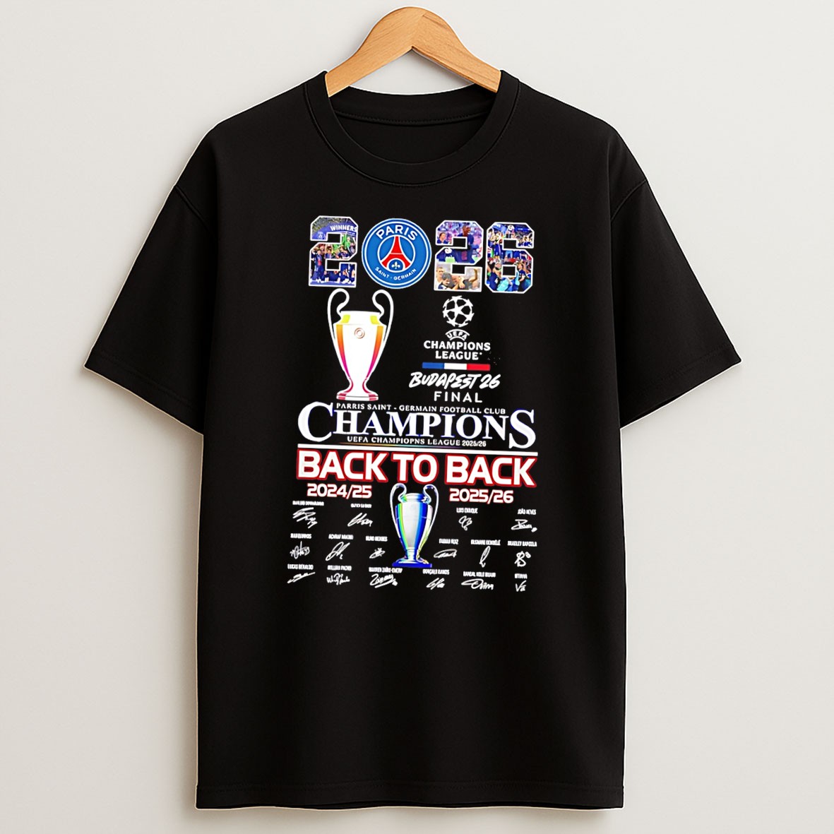 Original Paris Saint Germain 2026 Champions League Budapest 26 Final Back To Back Trophy Tee Shirts