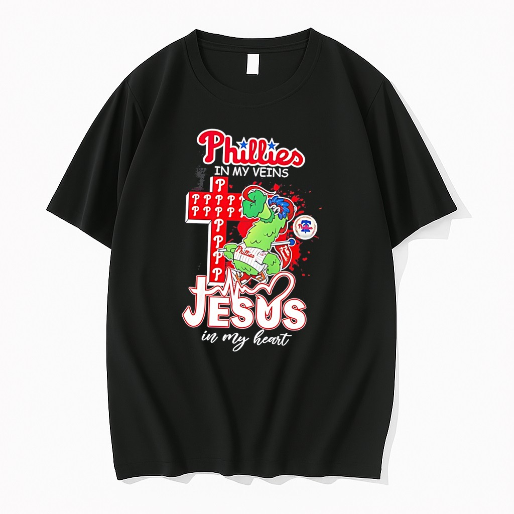 Original Philadelphia Phillies Jesus In My Heart Phillie Phanatic Mascot Cross Tee Shirts