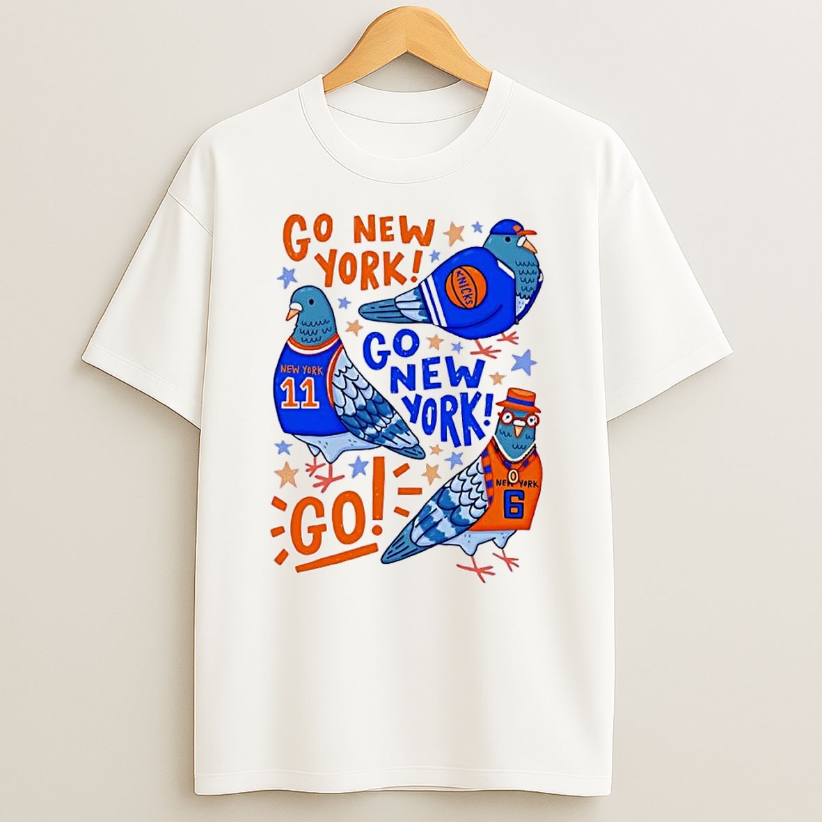 Original Pigeons Wearing Jerseys Cheering Go New York Knicks White Shirts