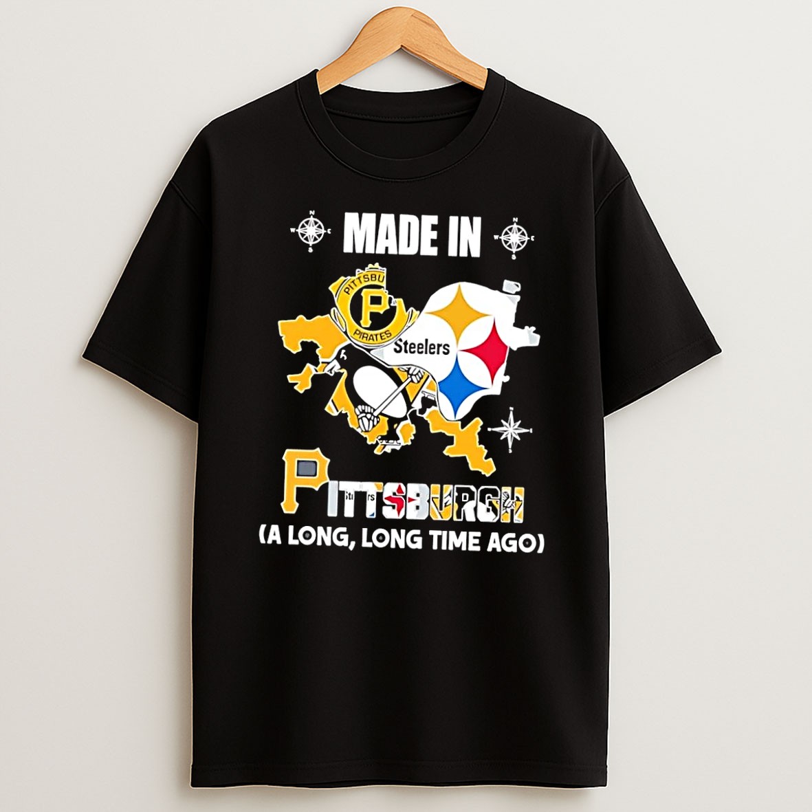 Original Pittsburgh Fans Apparel Made In A Long Time Ago Steelers Pirates Penguins Black Shirts