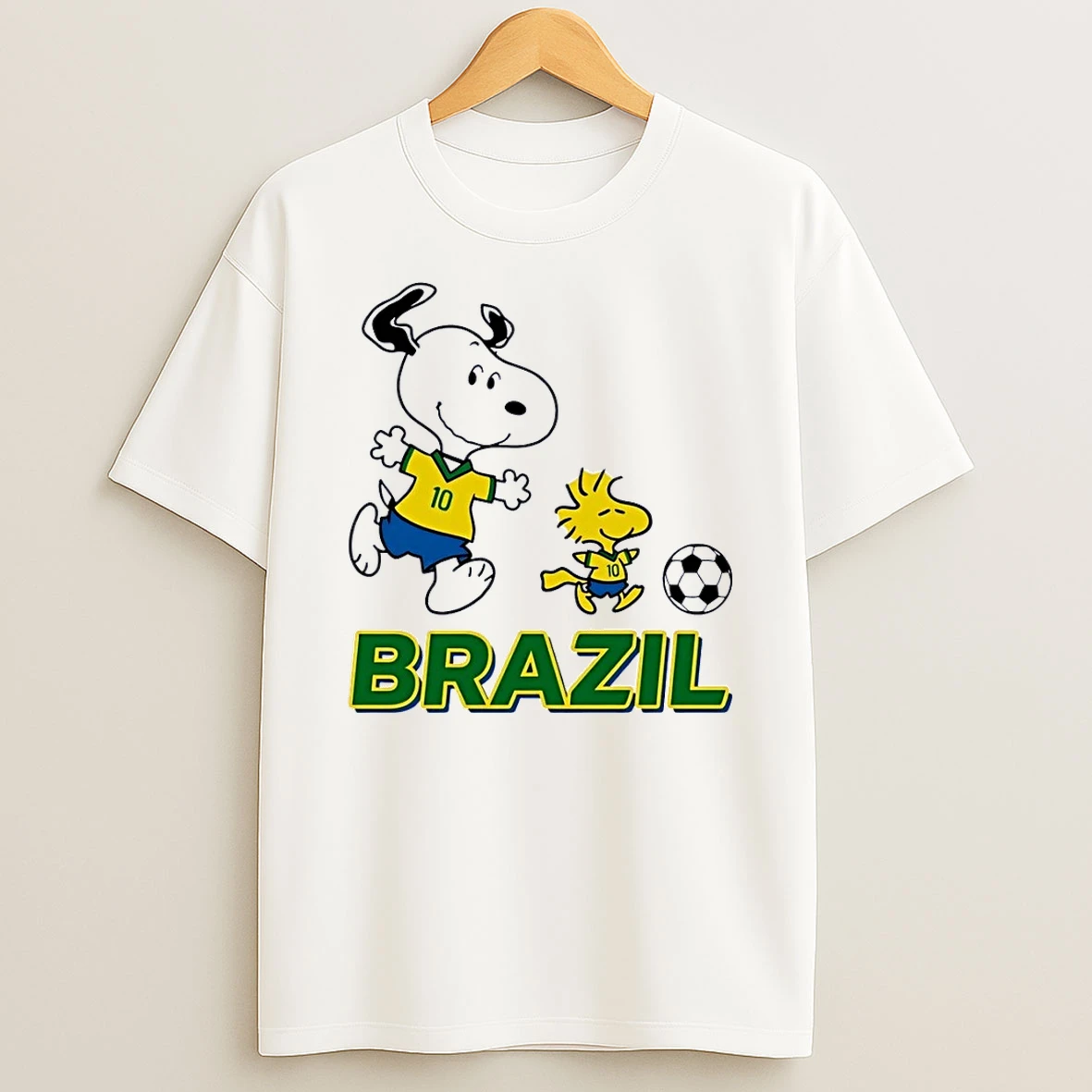 Peanuts Snoopy And Woodstock Playing Soccer Brazil White Shirts