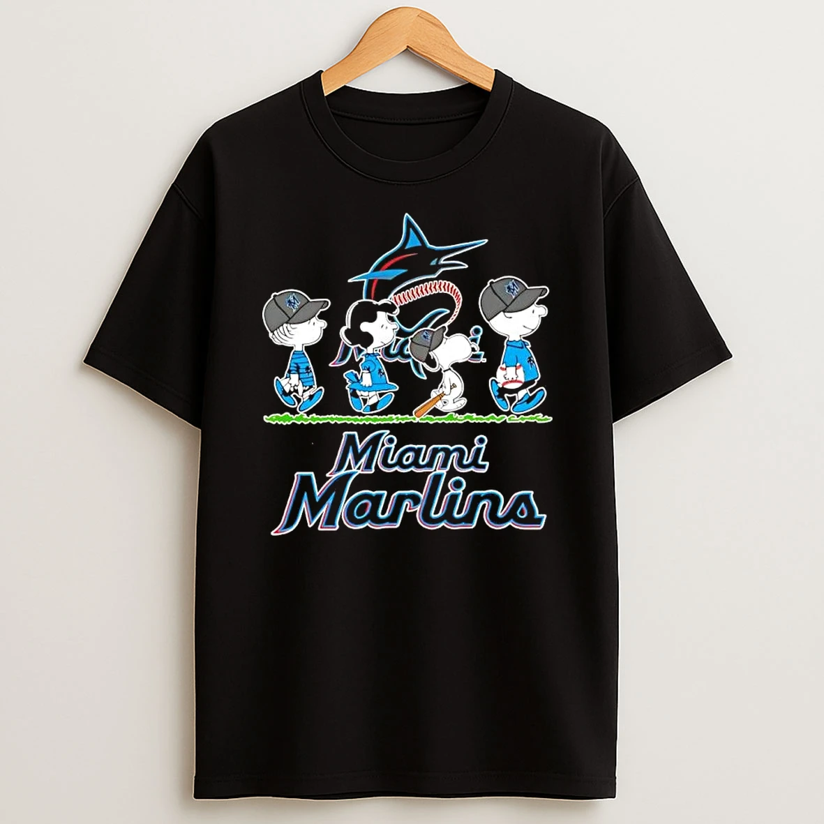 Peanuts Characters X Miami Marlins Baseball Team Logo Shirts