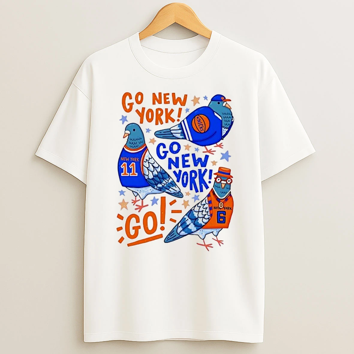 Pigeons Wearing Jerseys Cheering Go New York Knicks White Shirts