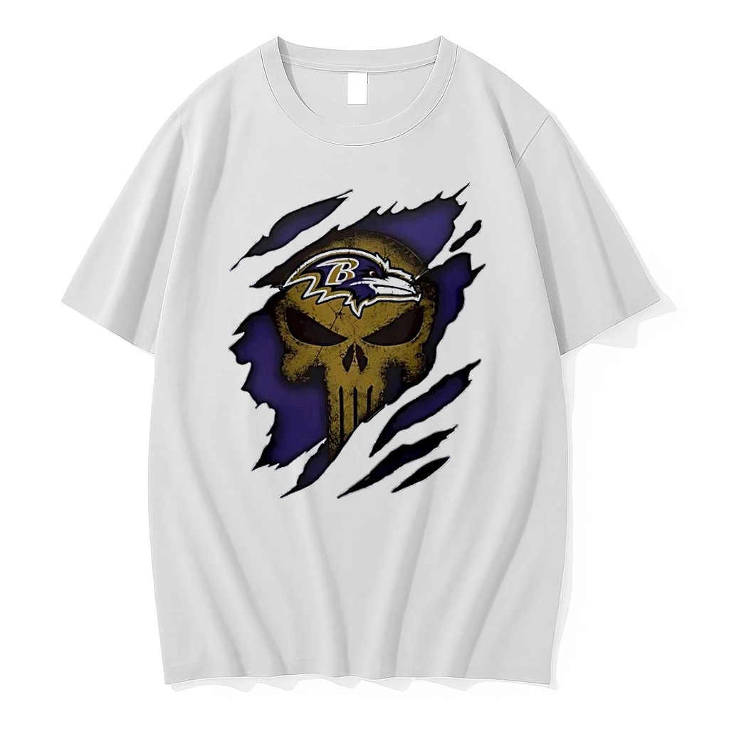 Ravens Punisher Skull Torn Effect Baltimore Ravens White Shirts