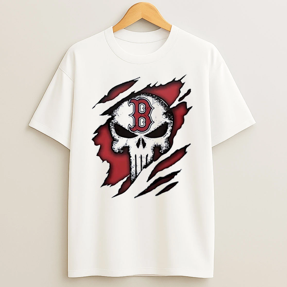 Red Sox Skull Punisher Shredded Effect Boston Red Sox White Shirts