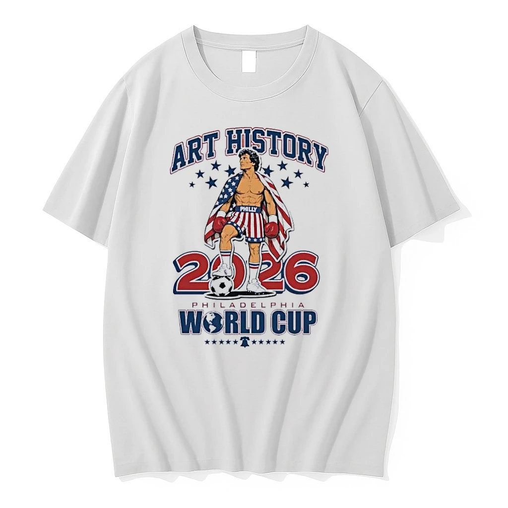 Rocky Balboa Standing On Soccer Ball Philadelphia 2026 Art History World Cup White Shirts