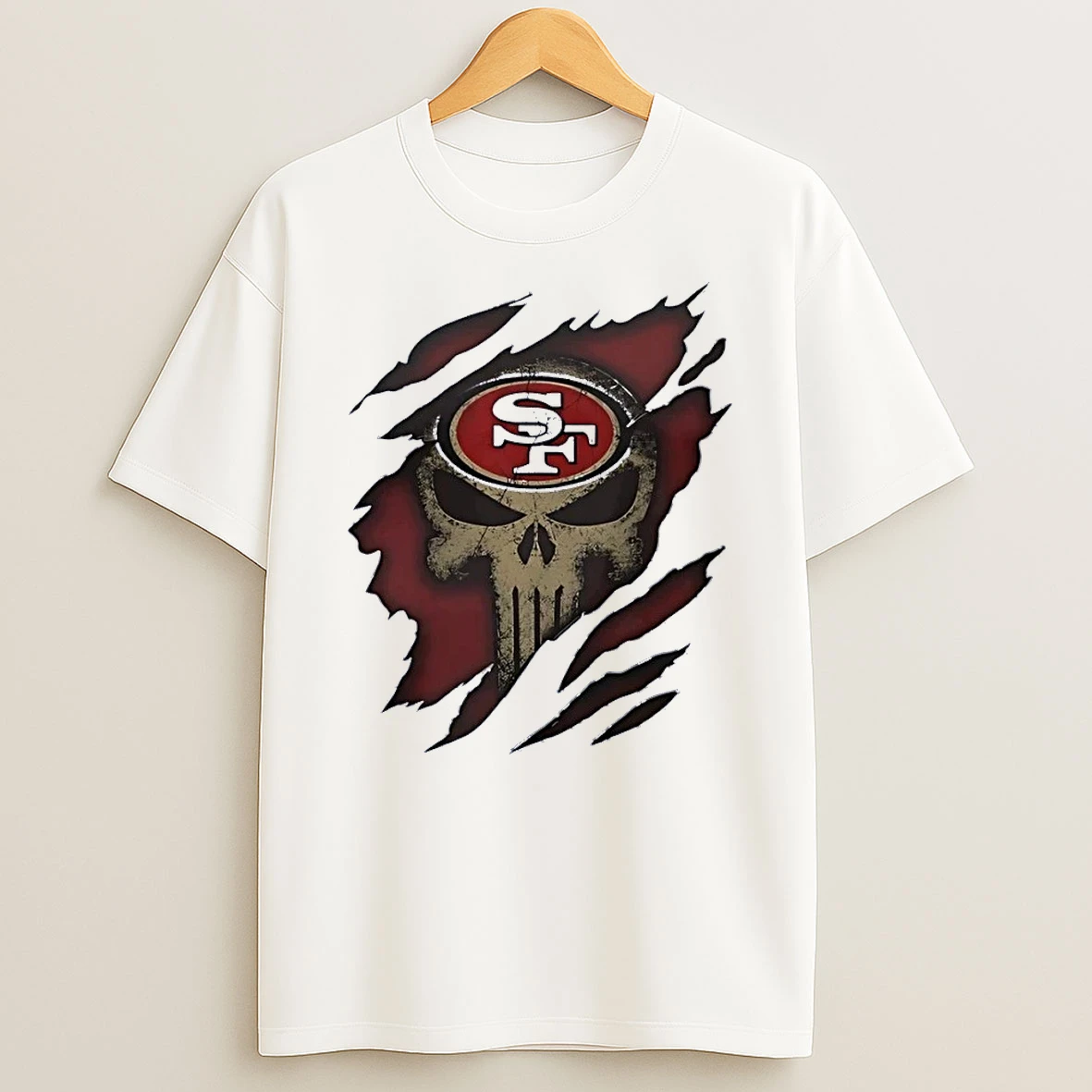 Sf Punisher Logo Ripped Red Fabric San Francisco 49ers White Shirts