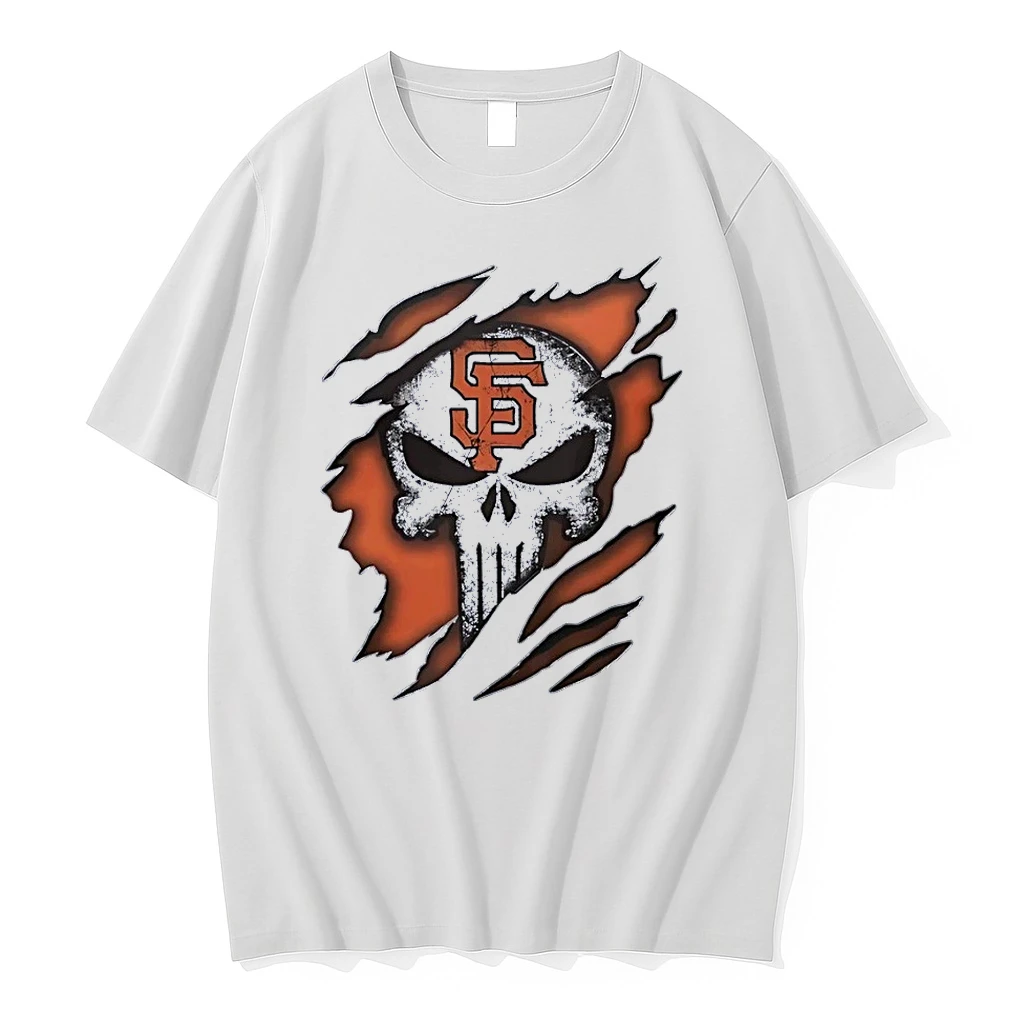 Sf Skull Ripped Orange Background San Francisco Giants White Shirts