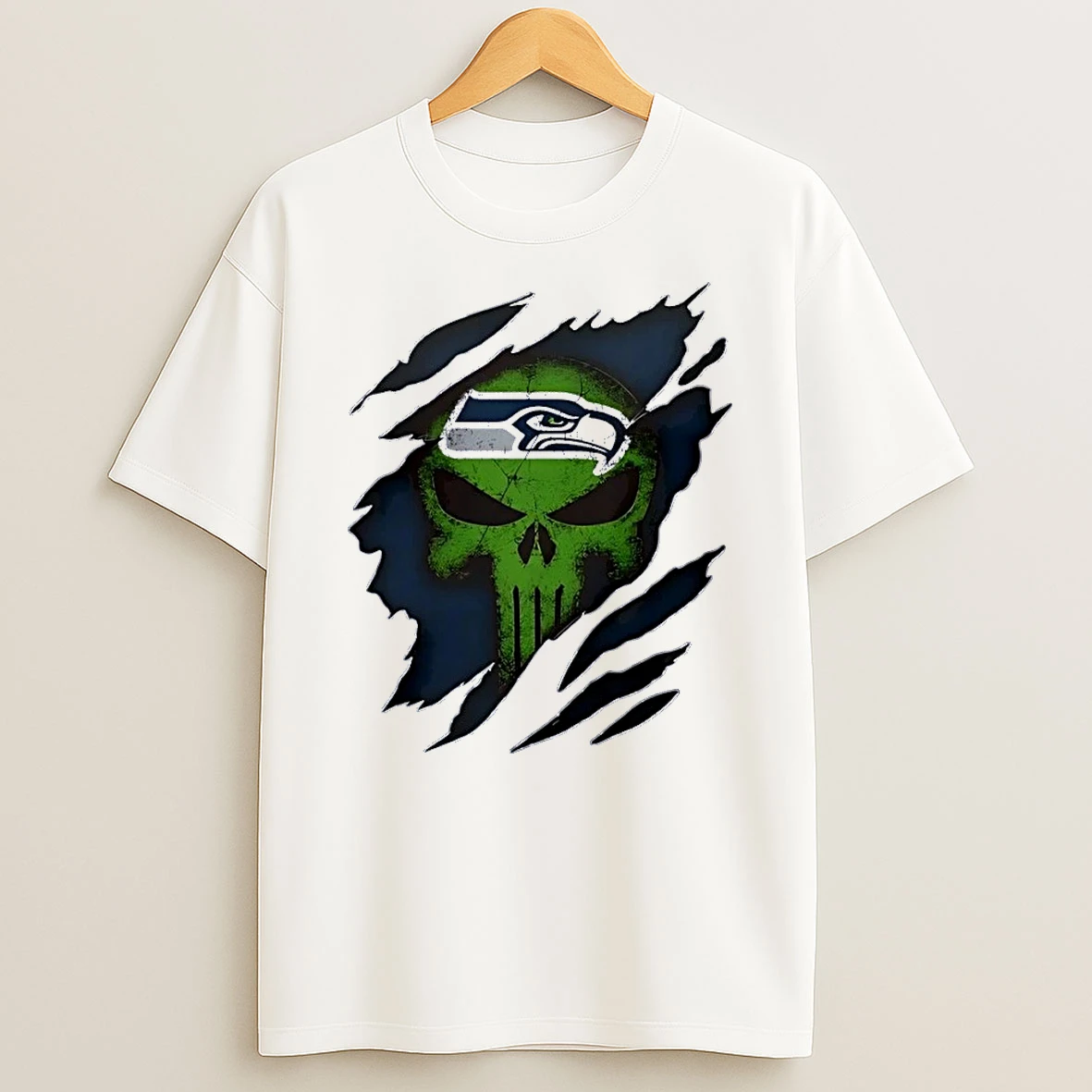 Seahawks Punisher Skull Ripped Fabric Print Seattle Seahawks White Shirts