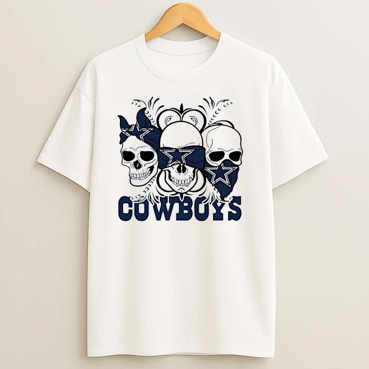 Skull Trio With Bandanas And Headbands Depicting Three Skulls With Star Logo Cowboys White Shirts