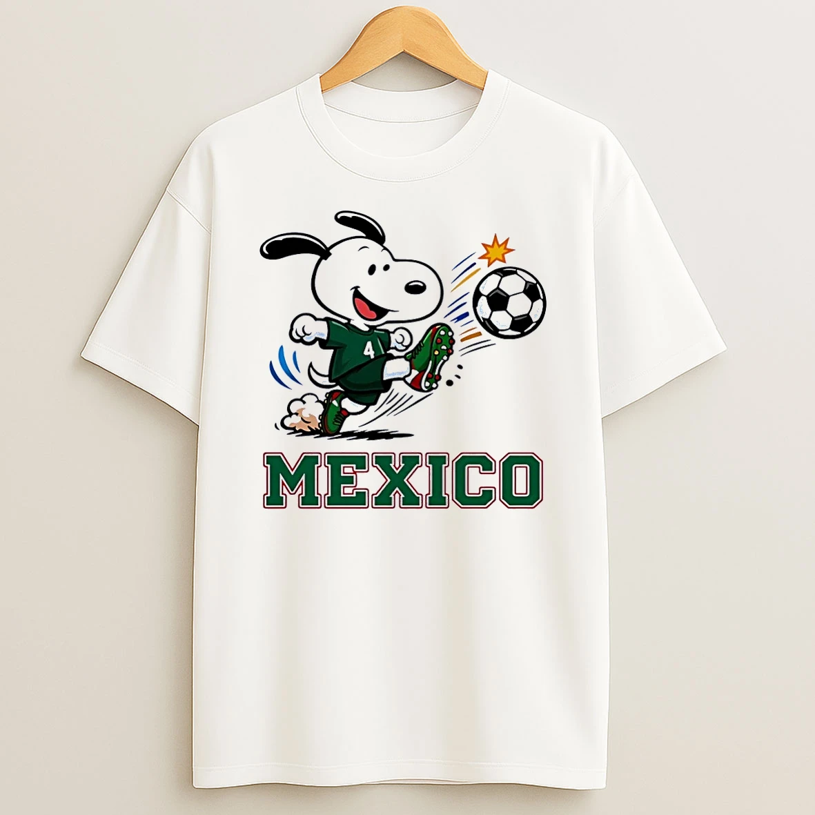 Snoopy Kicking Soccer Ball Mexico Team White Shirts