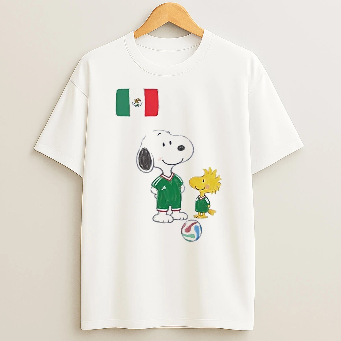 Snoopy And Woodstock Playing Soccer Mexico Team White Shirts