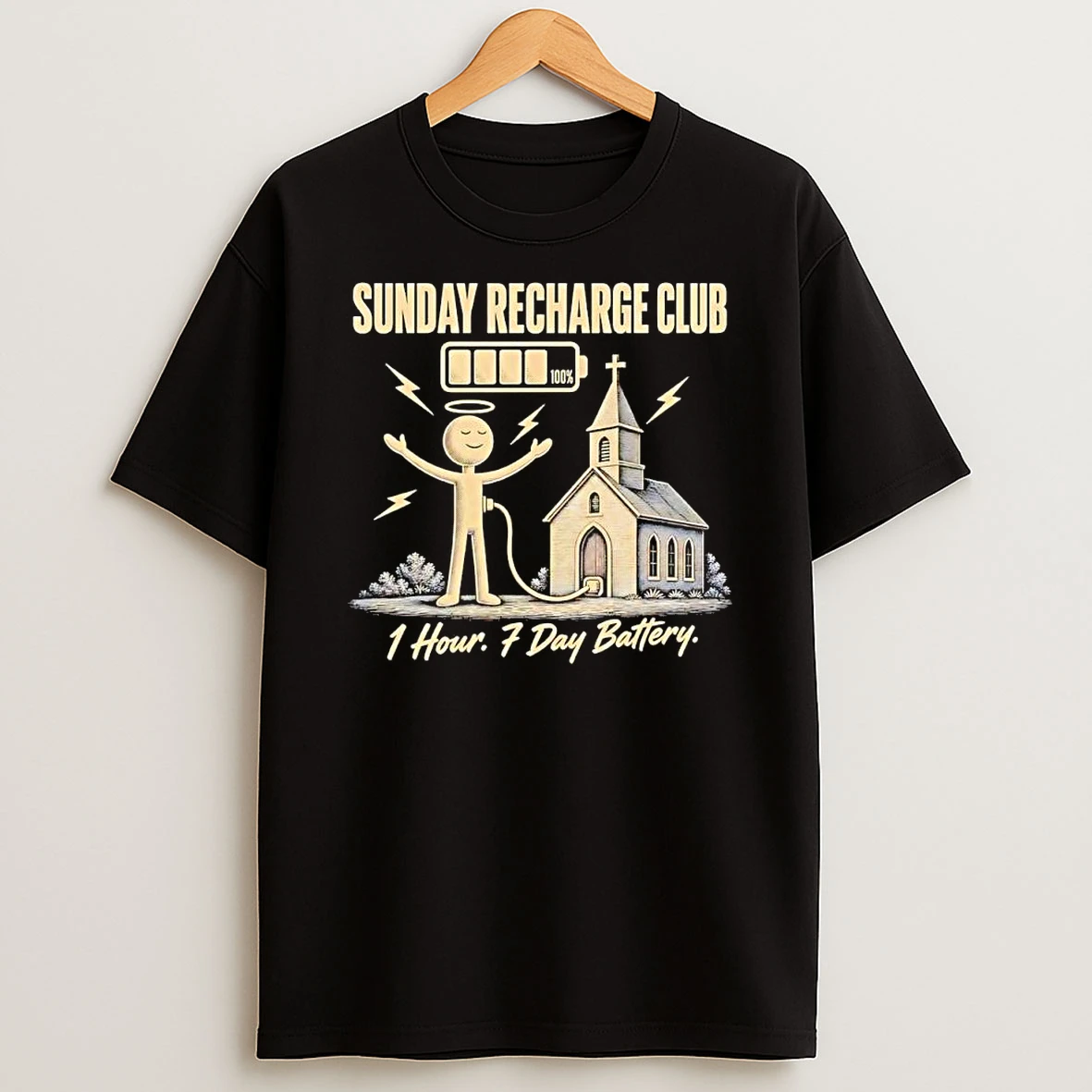 Sunday Recharge Club 1 Hour 7 Day Battery Church Christian Faith Shirts