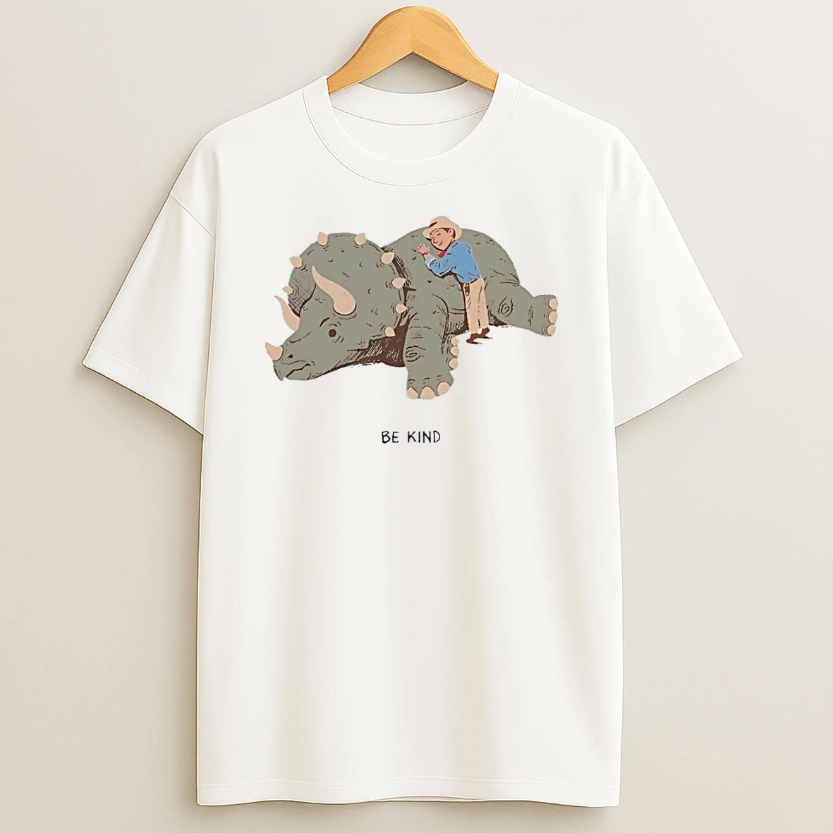 Be Kind Cowboy Hugging Triceratops Friendly Dinosaur Cute Graphic White Shirts