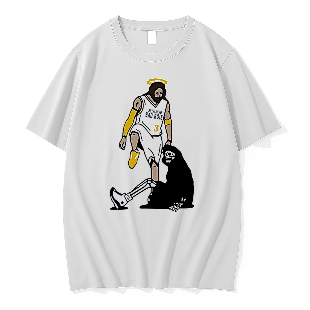 Bethlahem Bad Bois Basketball Art Jesus Dribbling Over Death White Shirts