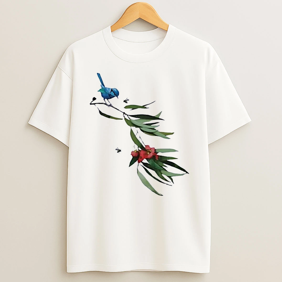Blue Wren Perched On Eucalyptus Branch Bird White Shirts