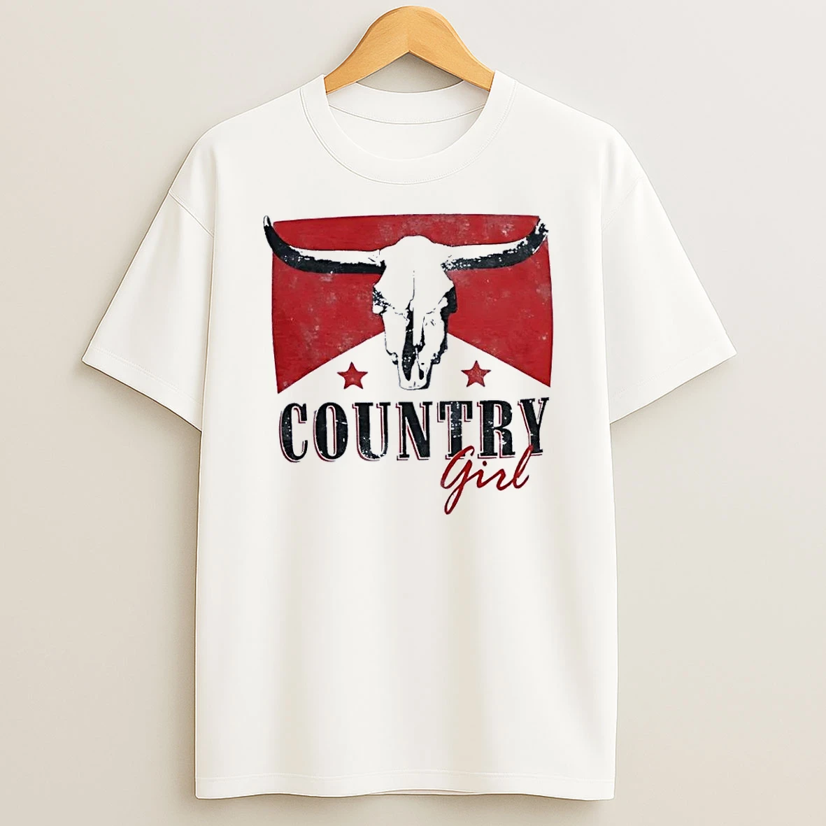 Country Girl Western Bull Skull Red Star White Shirts