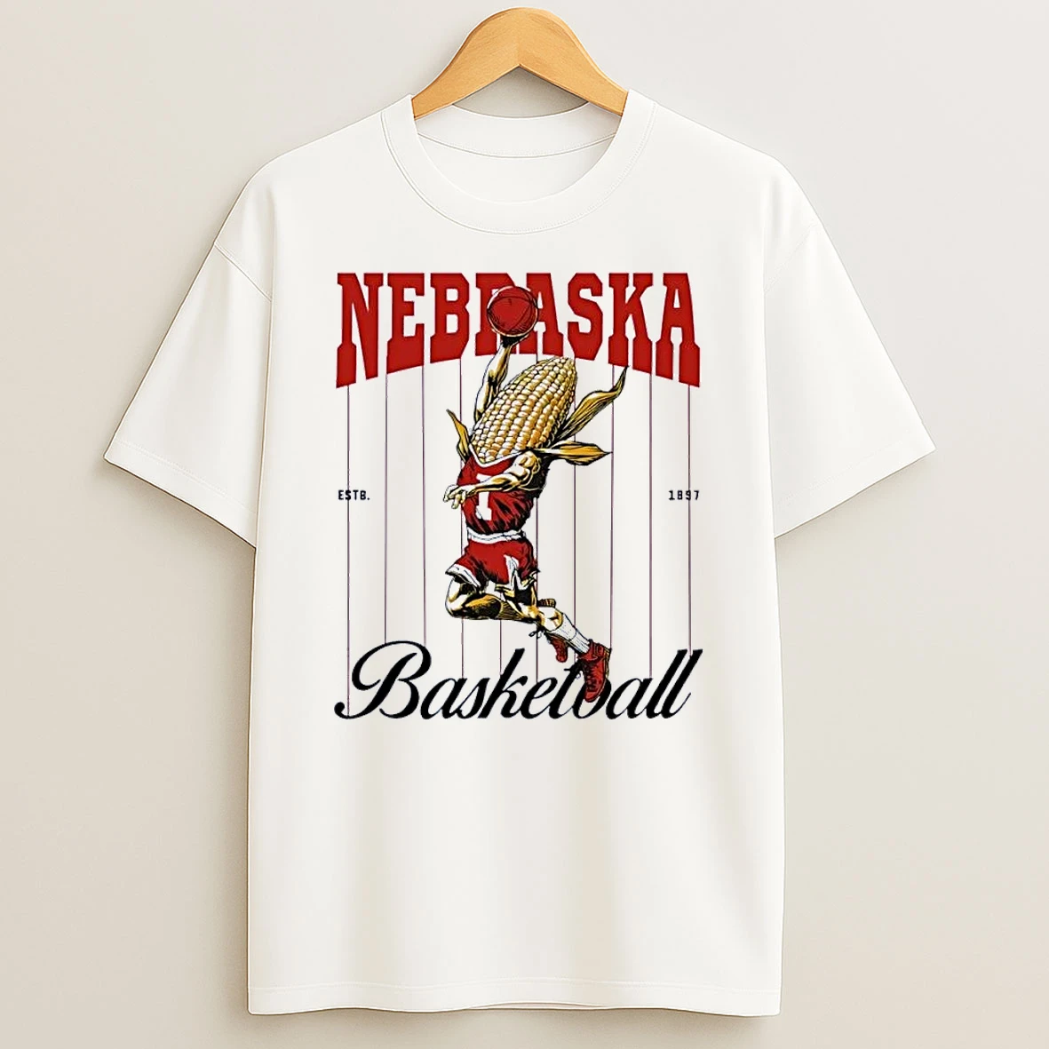 Estb 1897 Nebraska Basketball Corn Athlete Dunking Ball White Shirts