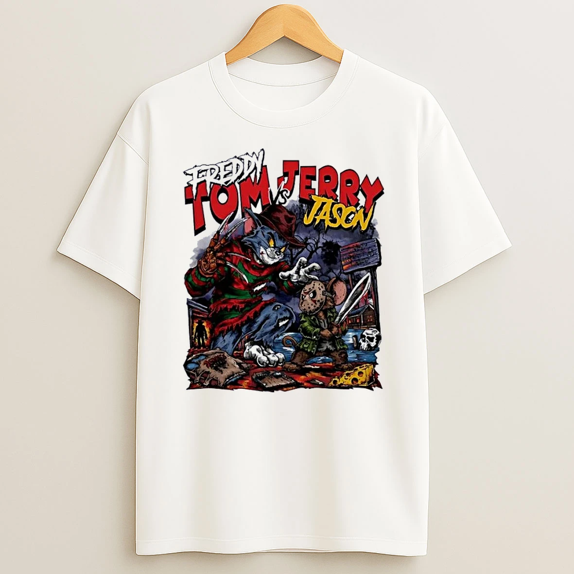 Horror Mashup Tom Vs Jerry Freddy Vs Jason Graphic White Shirts