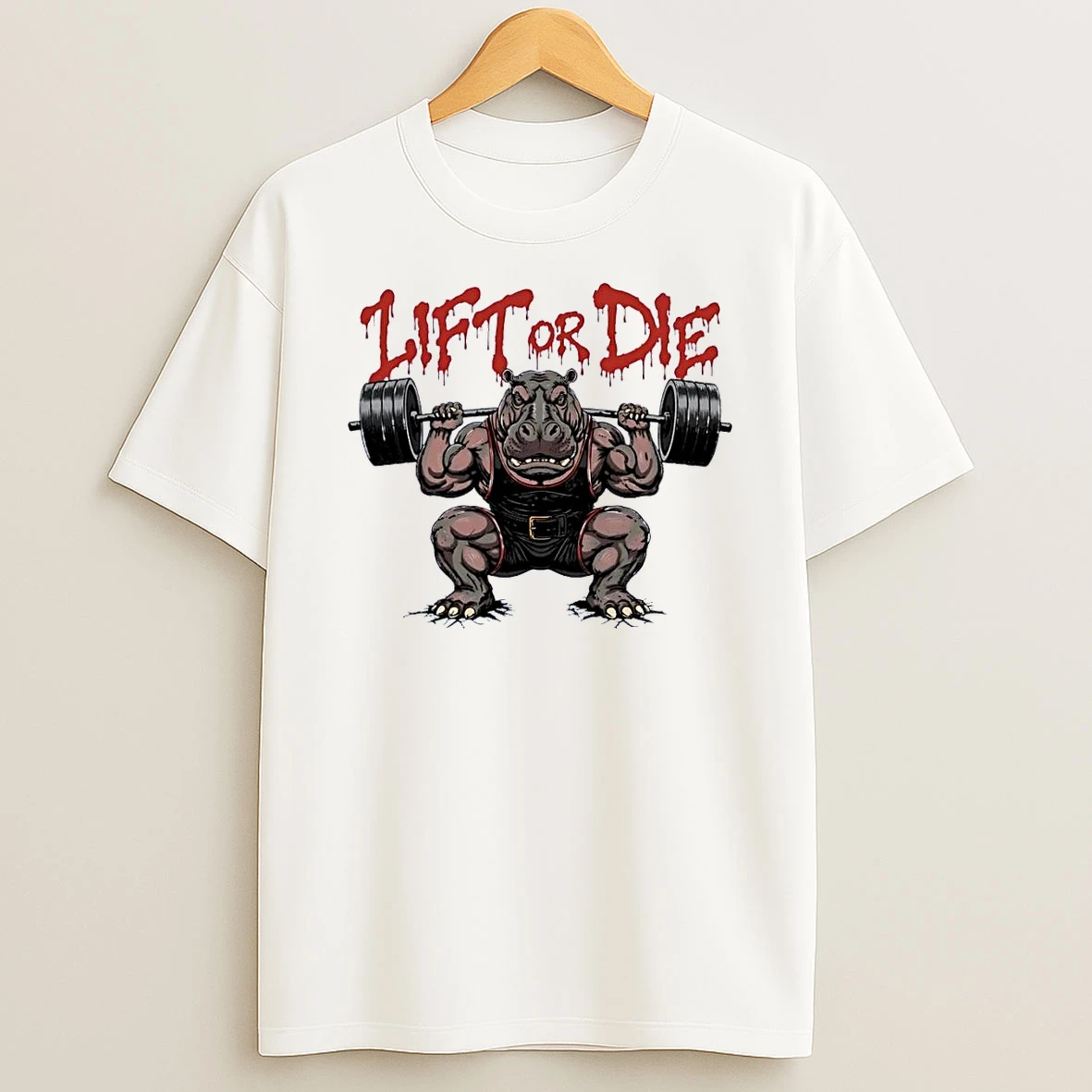 Lift Or Die Muscular Hippo Powerlifting White Shirts