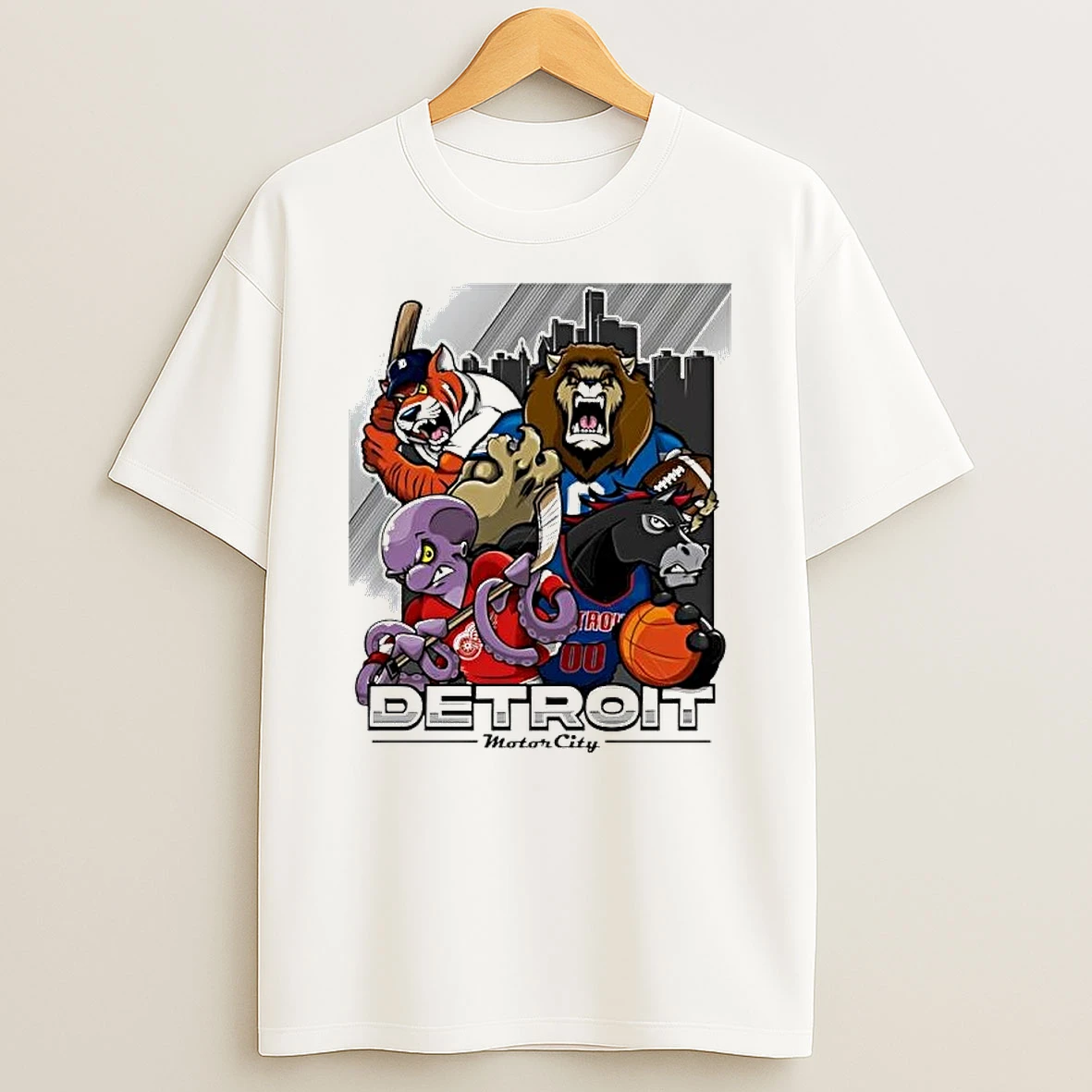 Motor City Detroit Tigers Lions Red Wings Pistons Mascot Sport Athletic Shirts