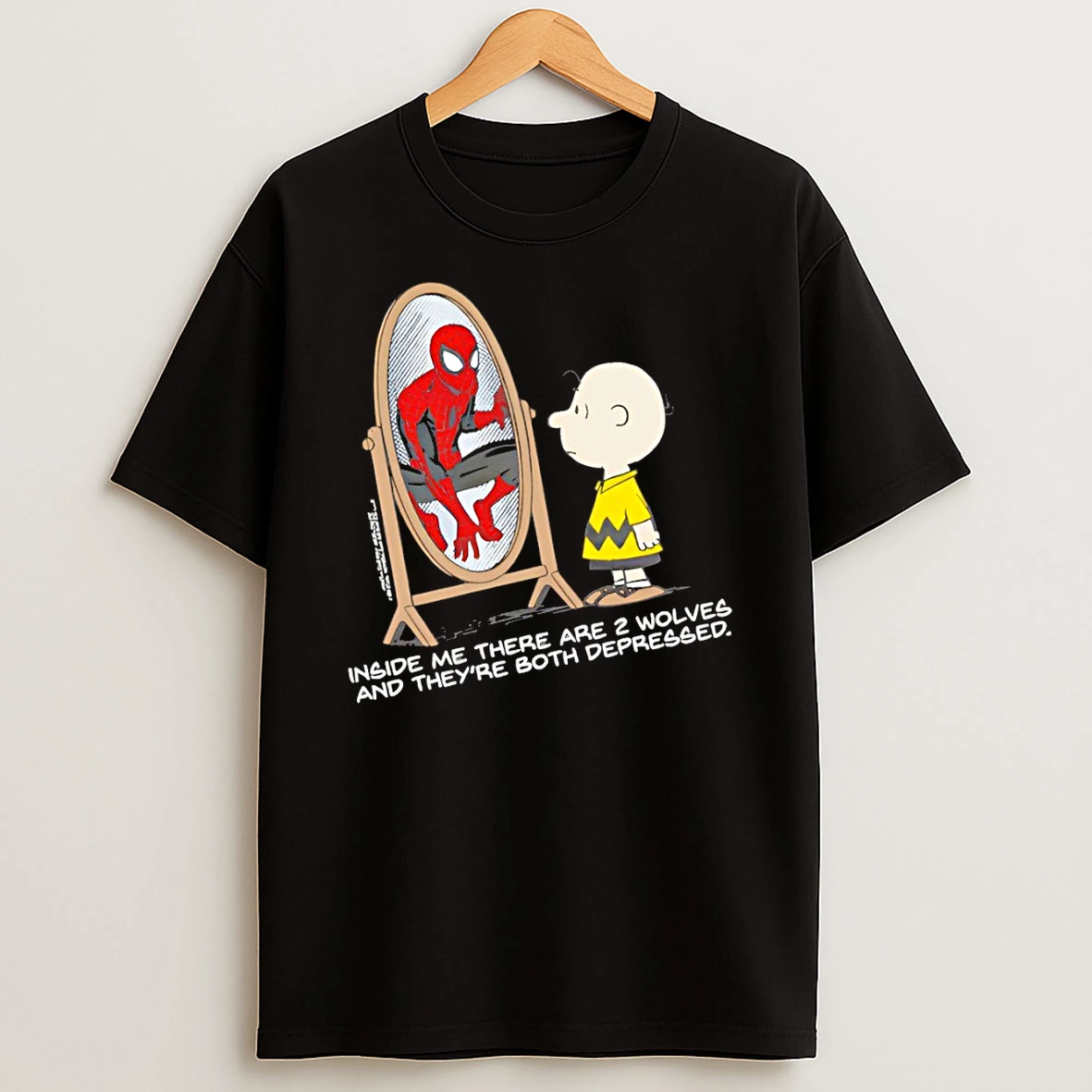 Officials Charlie Brown Spider Man Mirror Inside Me There Are 2 Wolves And Theyre Both Depressed Premium T Shirt Sweatshirt Hoodie