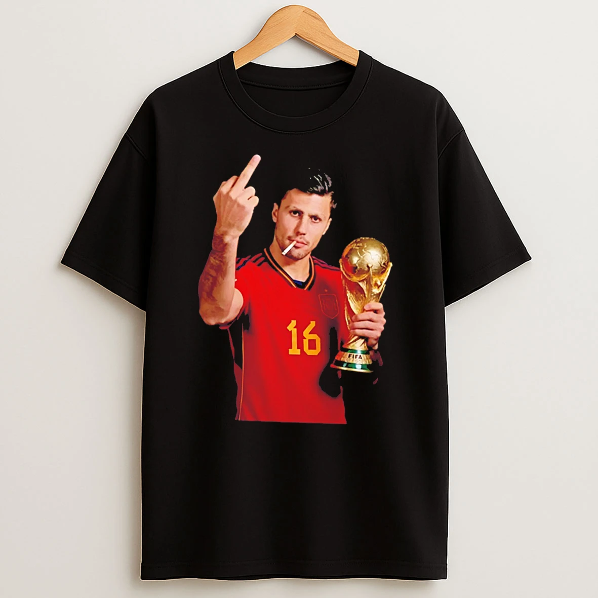 Officials Rodri Spain No 16 World Cup Smoking And Middle Finger Tee Premium T Shirt Sweatshirt Hoodie