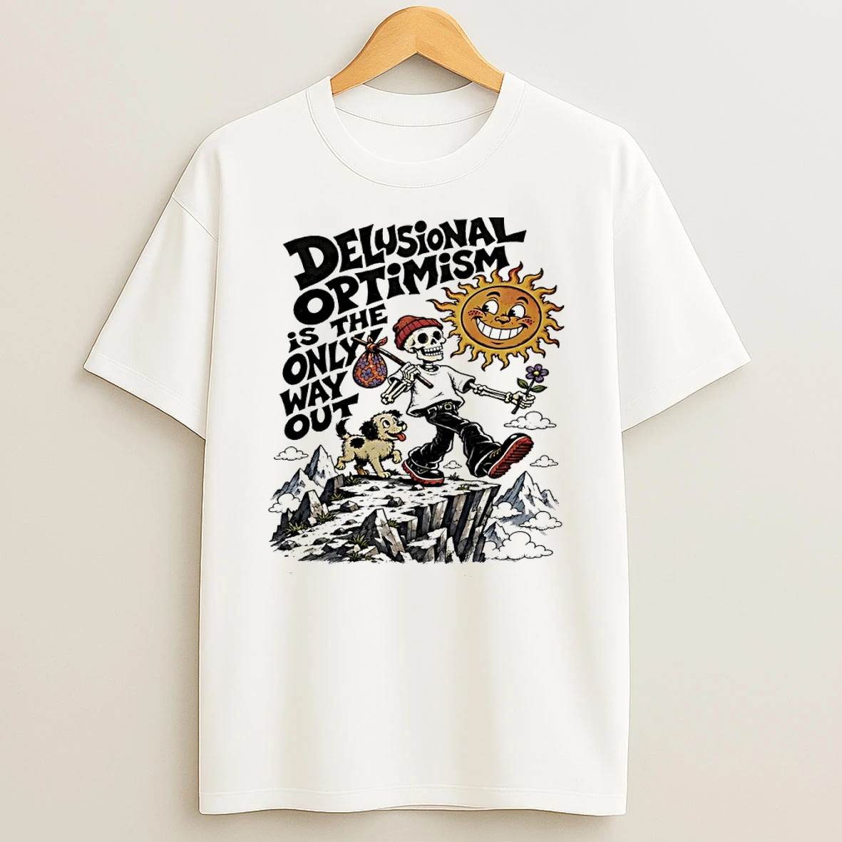 Officials Skeleton And Dog Delusional Optimism Is The Only Way Out Premium T Shirt Sweatshirt Hoodie