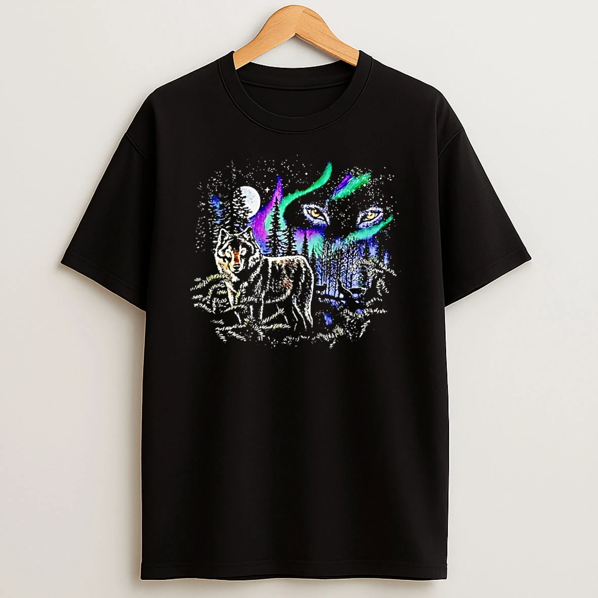 Officials Wolf Standing Under Northern Lights Starry Night Black Premium T Shirt Sweatshirt Hoodie